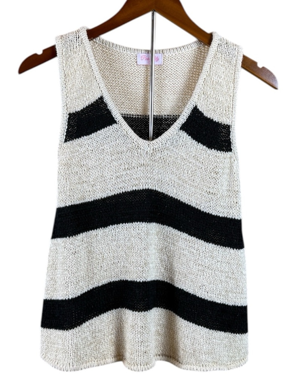 Pink Lily Wonder Often Knit Tank in Beige & Black Stripes Size Small